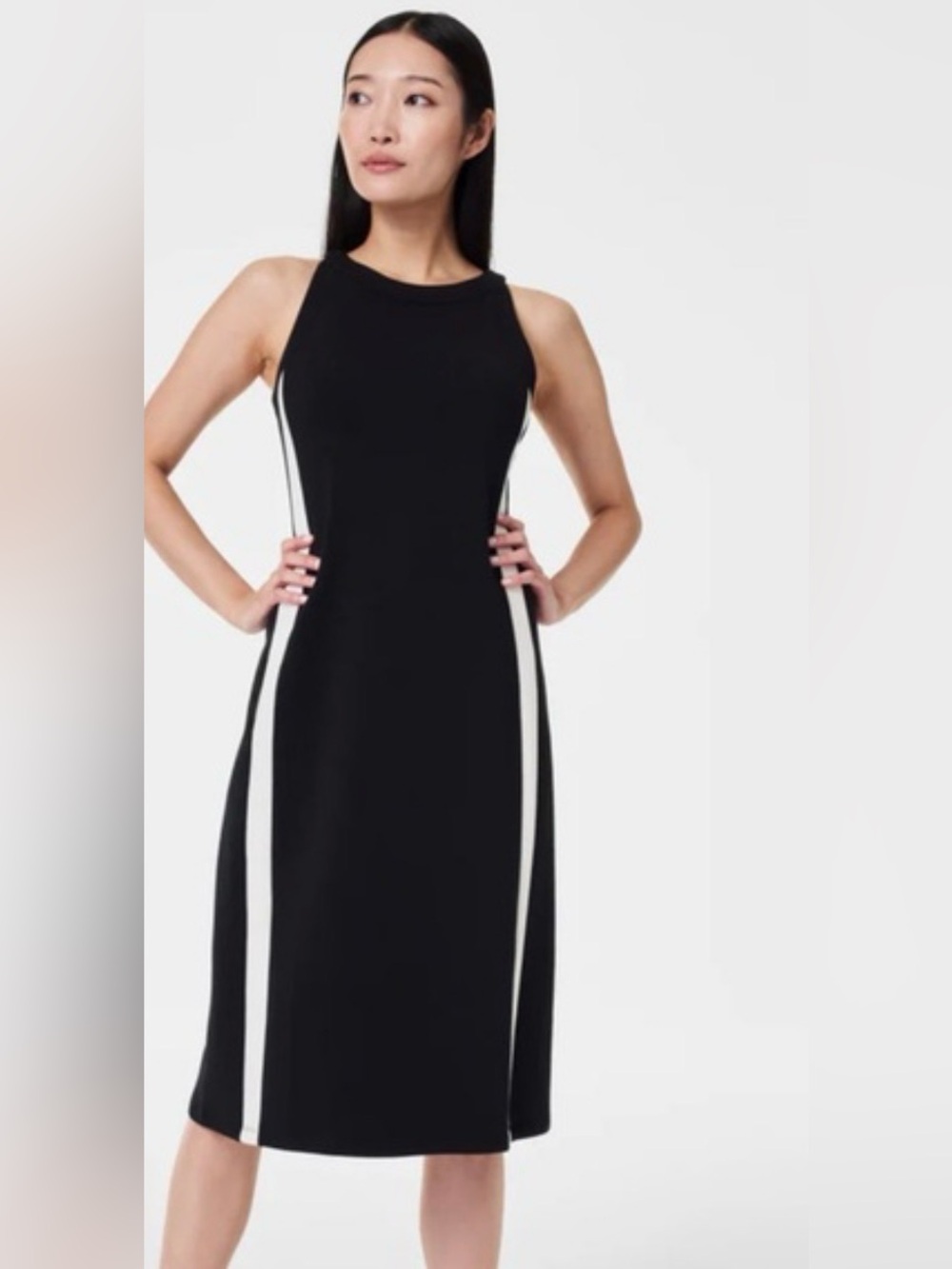 SPANX Black Midi Dress with White Side Stripes